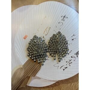 Vintage Oversized Large Silver Rhinestone Chandelier Cascade Clip Earrings